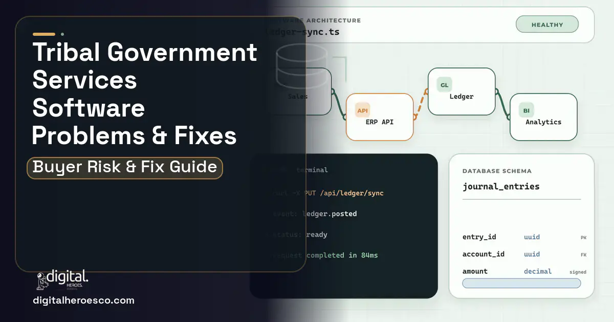 Tribal Government Services Software architecture and database illustration showing common problems and fixes.