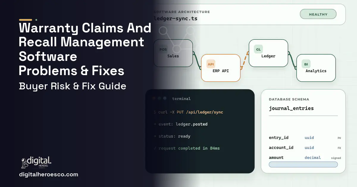 Warranty Claims AND Recall Management Software architecture and database illustration showing common problems and fixes.