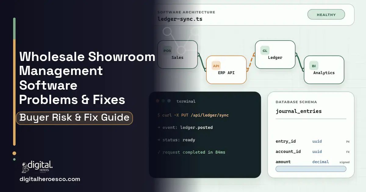 Wholesale Showroom Management Software architecture and database illustration showing common problems and fixes.