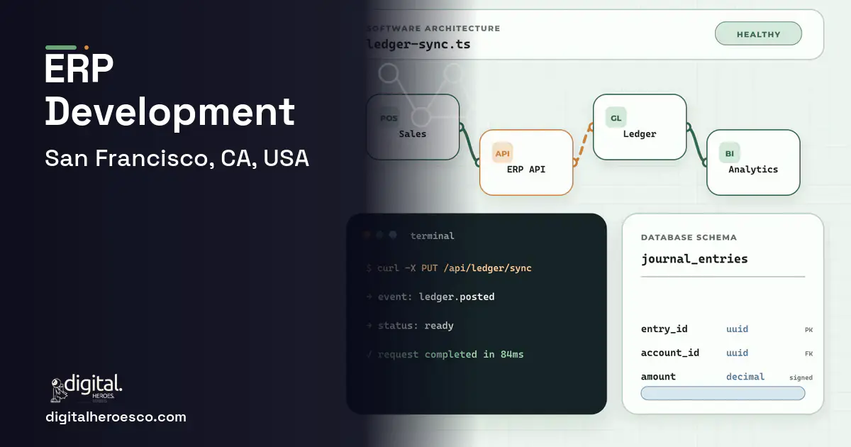 ERP Development architecture and database illustration for San Francisco, CA, USA.