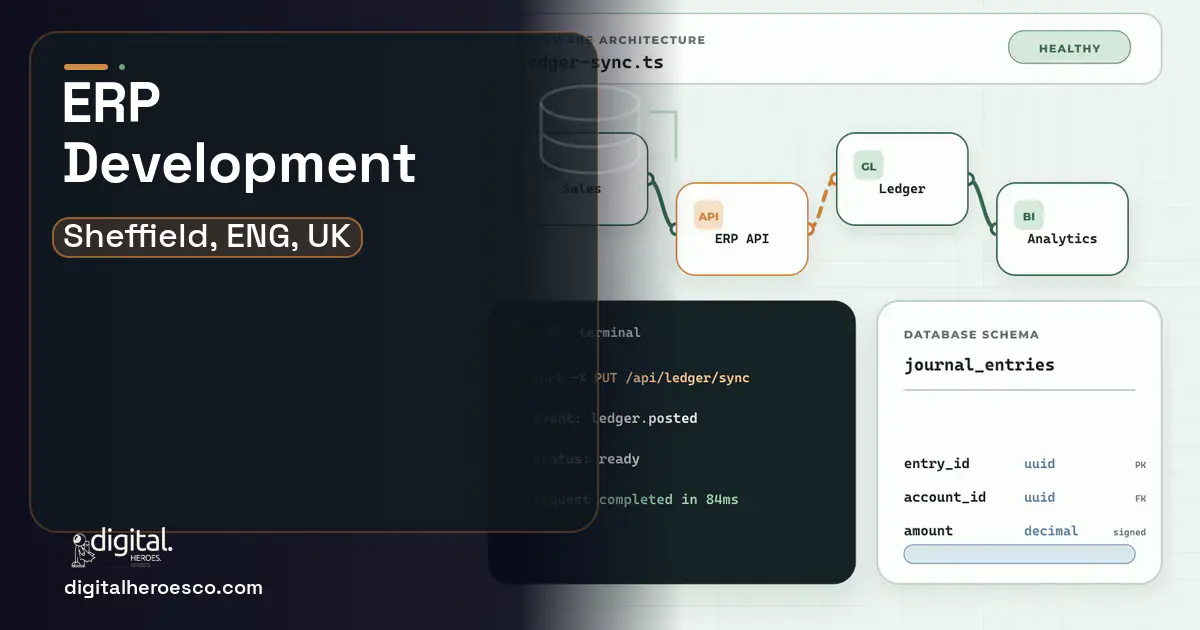 ERP Development architecture and database illustration for Sheffield, ENG, UK.