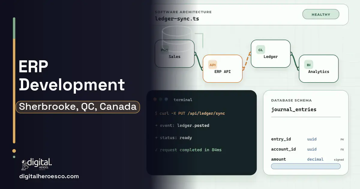 ERP Development architecture and database illustration for Sherbrooke, QC, Canada.