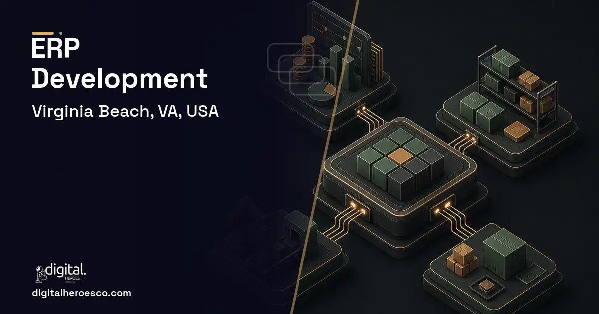 ERP Development software overview illustration for Virginia Beach, VA, USA.