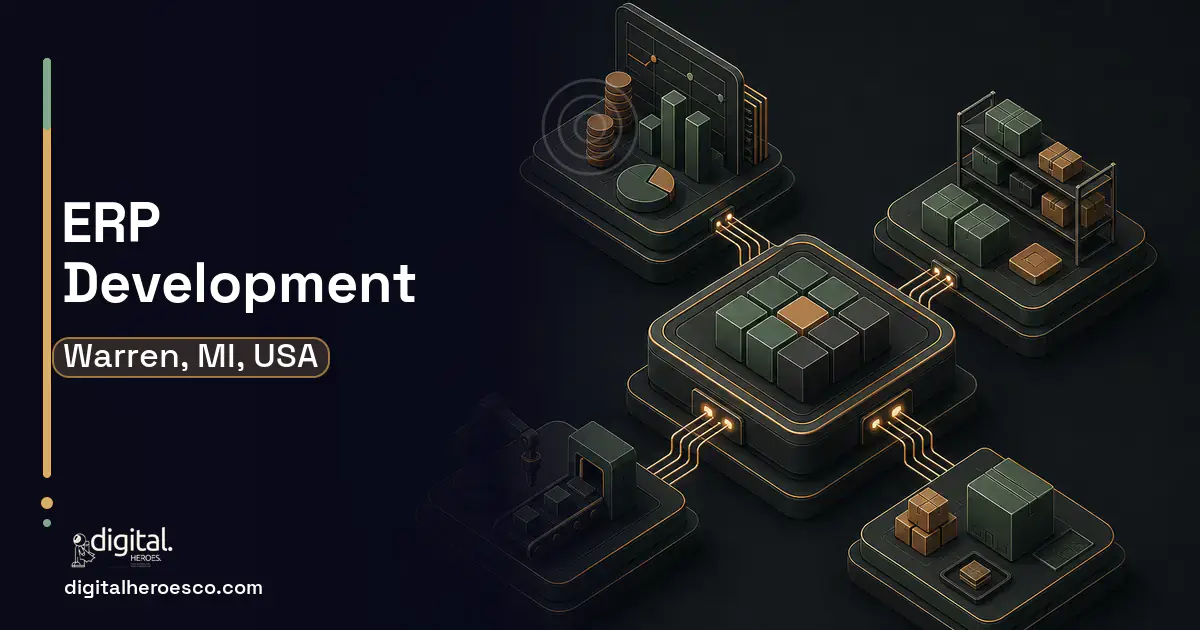 ERP Development software overview illustration for Warren, MI, USA.