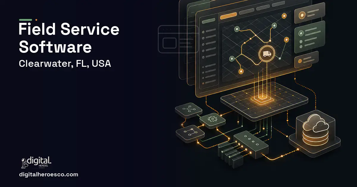 Field Service Software product interface illustration for Clearwater, FL, USA.