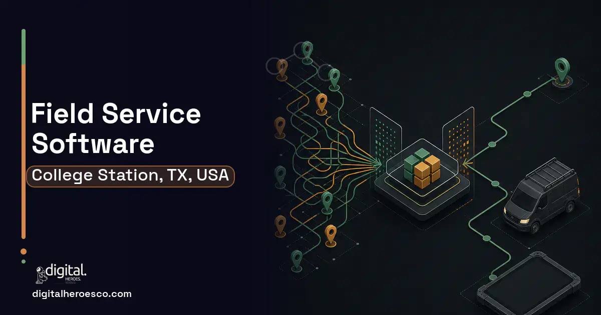 Field Service Software workflow illustration for College Station, TX, USA.