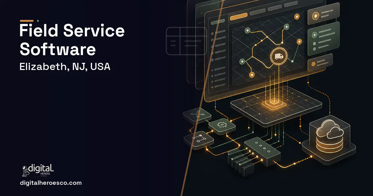 Field Service Software product interface illustration for Elizabeth, NJ, USA.