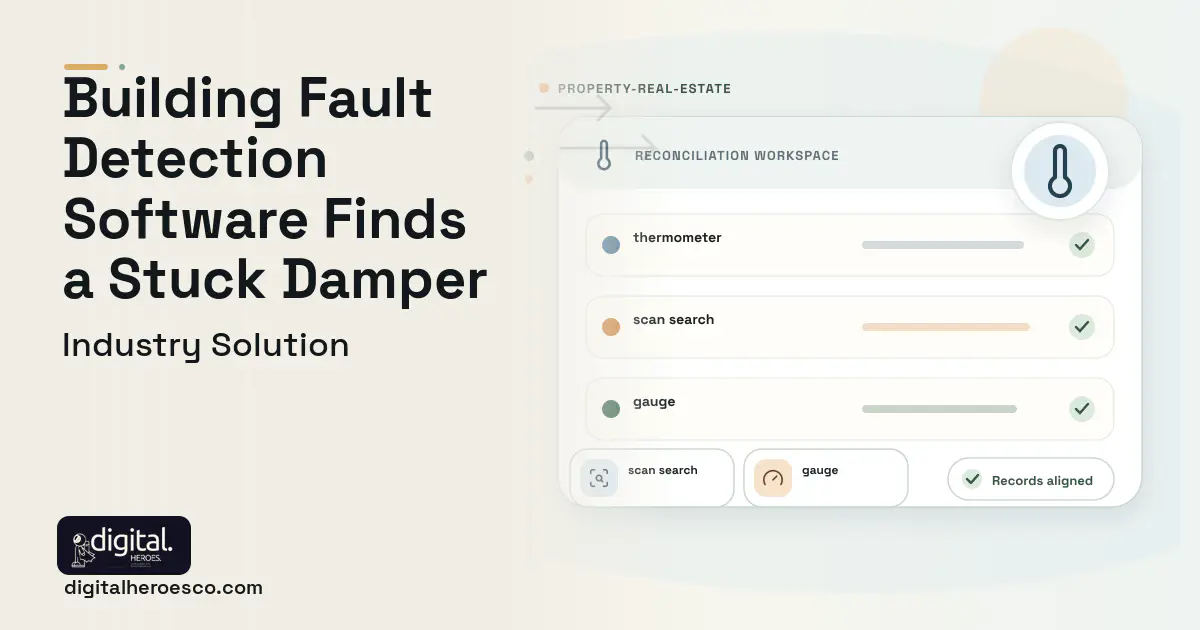 Building Automation Fault Detection software visual showing thermometer, scan search, and gauge.