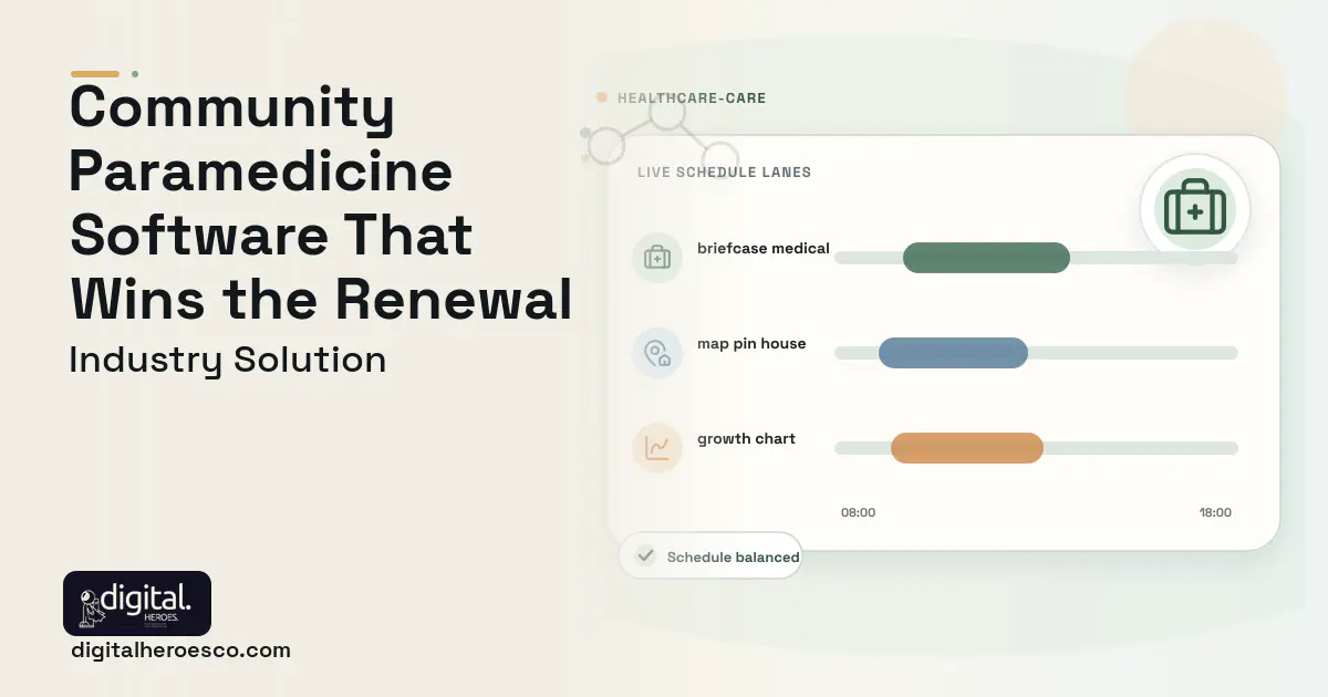 Community Paramedicine software visual showing briefcase medical, map pin house, and growth chart.