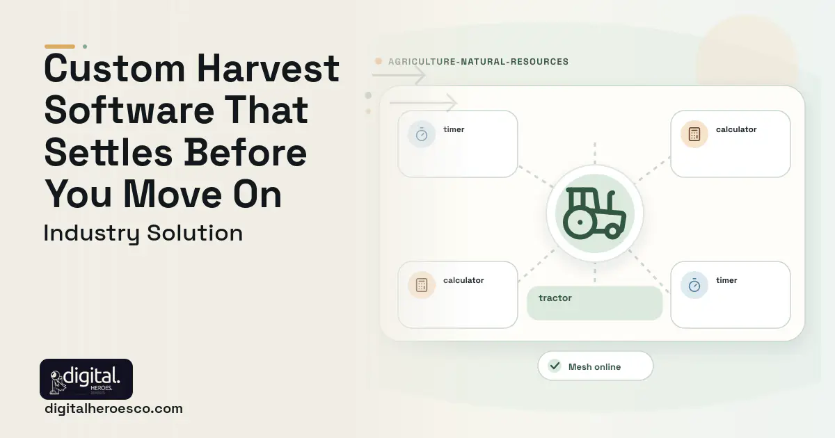 Custom Harvesting Operator software visual showing tractor, timer, and calculator.