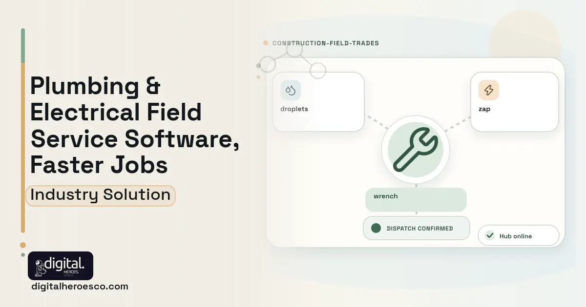 Plumbing and Electrical Field Service software visual showing wrench, droplets, and zap.