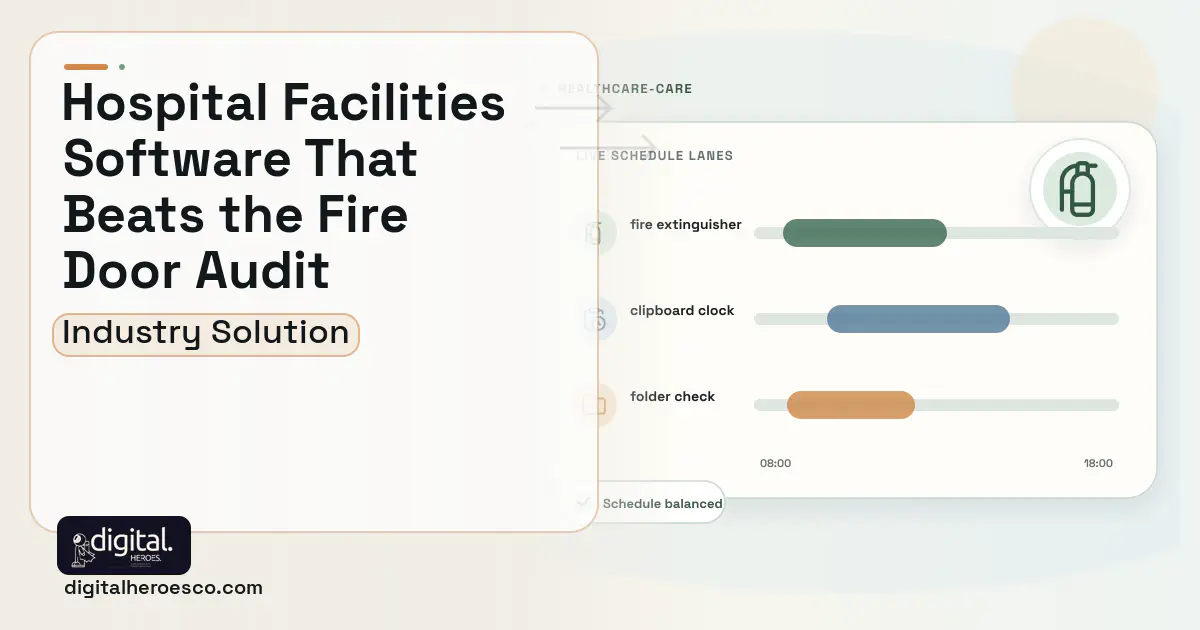 Healthcare Facilities Compliance software visual showing fire extinguisher, clipboard clock, and folder check.