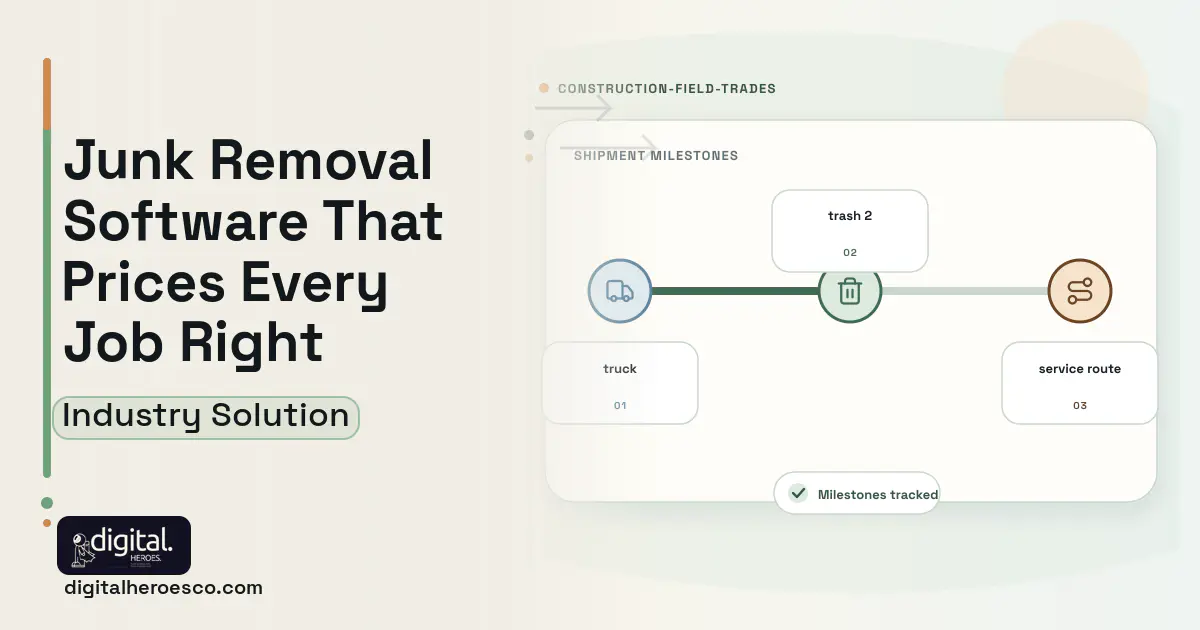 Junk Removal software visual showing trash 2, truck, and service route.