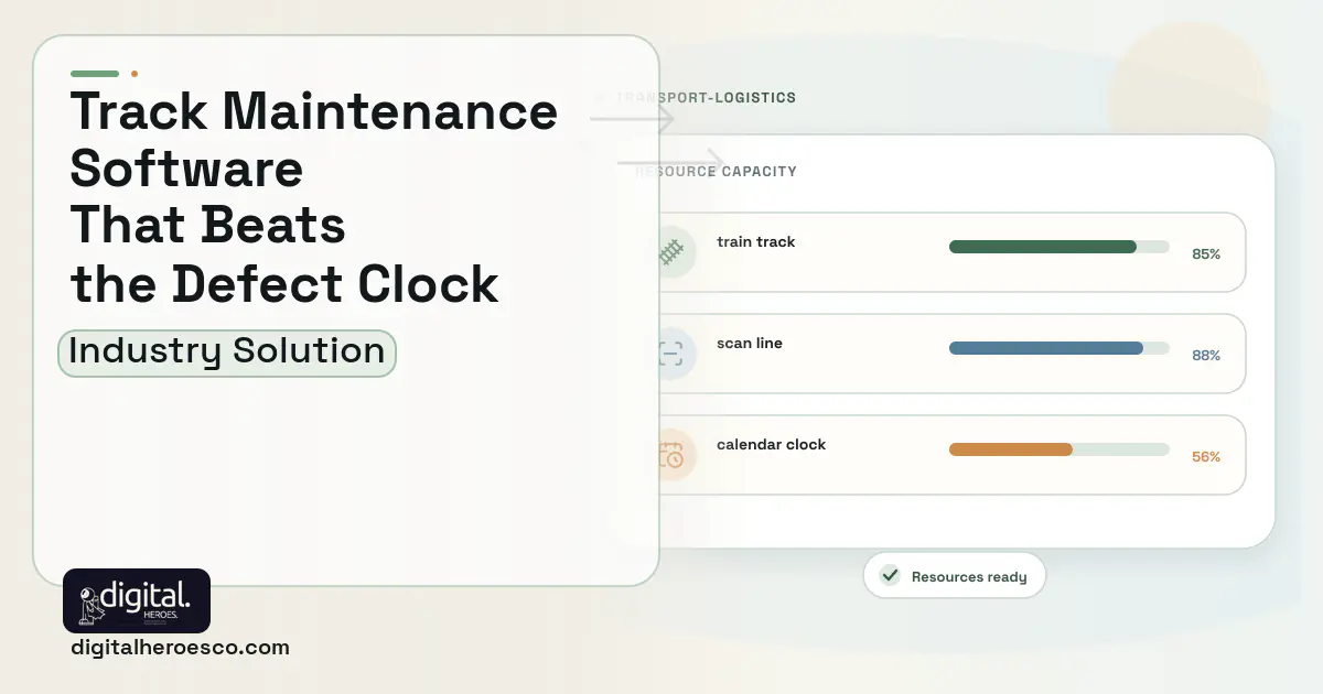 Maintenance of Way software visual showing train track, scan line, and calendar clock.