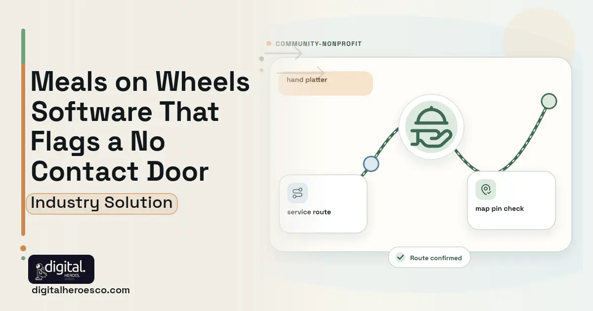 Meals On Wheels Delivery software visual showing hand platter, service route, and map pin check.