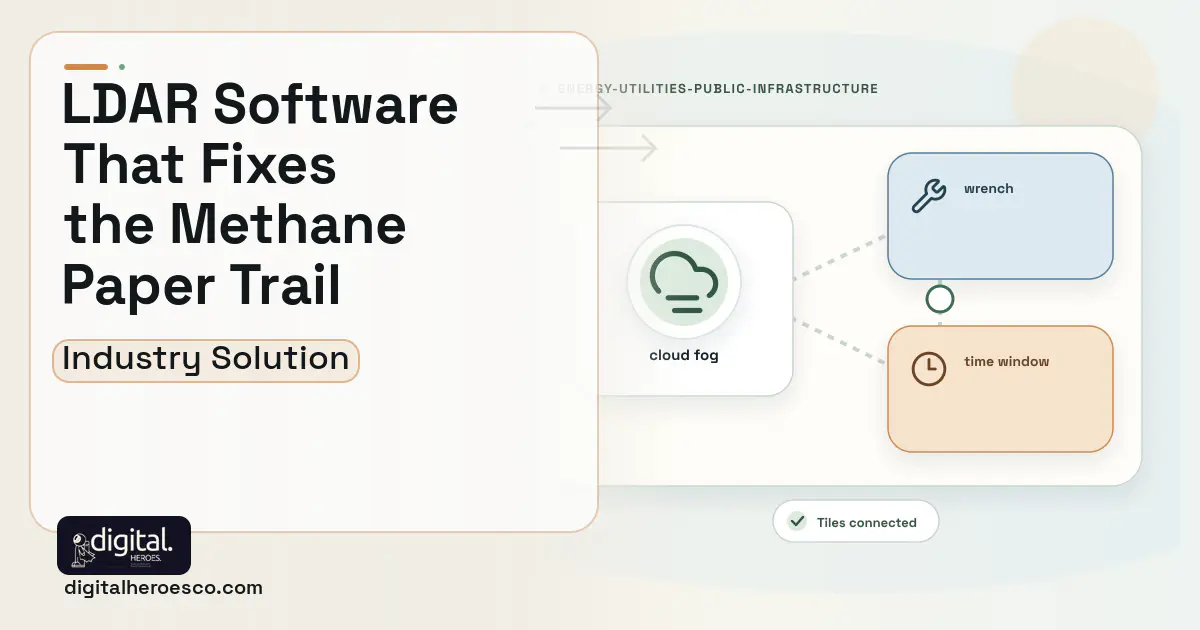 Methane LDAR Emissions software visual showing cloud fog, wrench, and time window.
