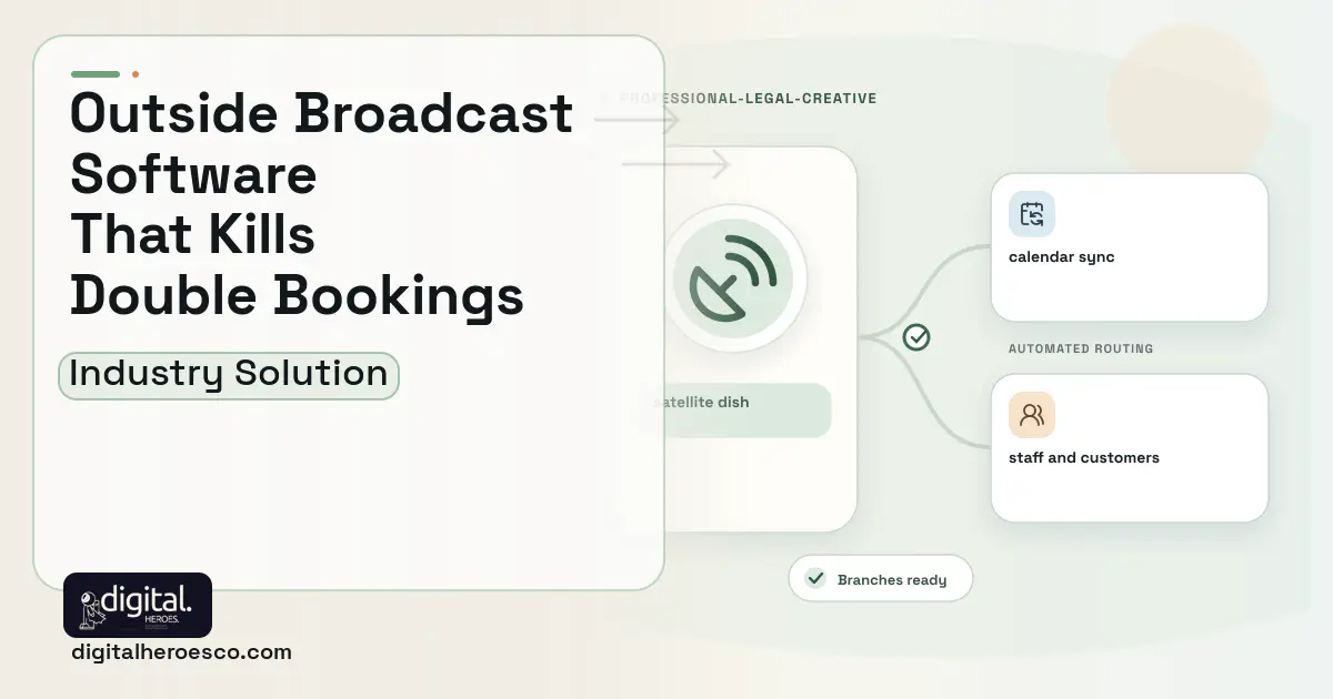 Outside Broadcast Scheduling software visual showing satellite dish, calendar sync, and staff and customers.
