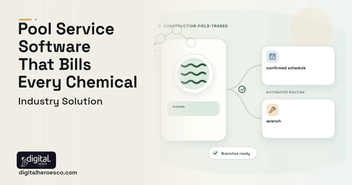 Pool Service software visual showing waves, confirmed schedule, and wrench.