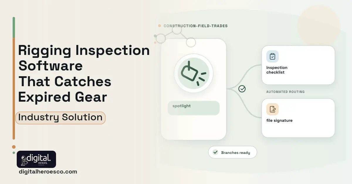 Rigging and Staging Safety software visual showing spotlight, inspection checklist, and file signature.