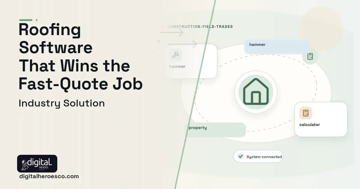 Roofing Company software visual showing property, hammer, and calculator.
