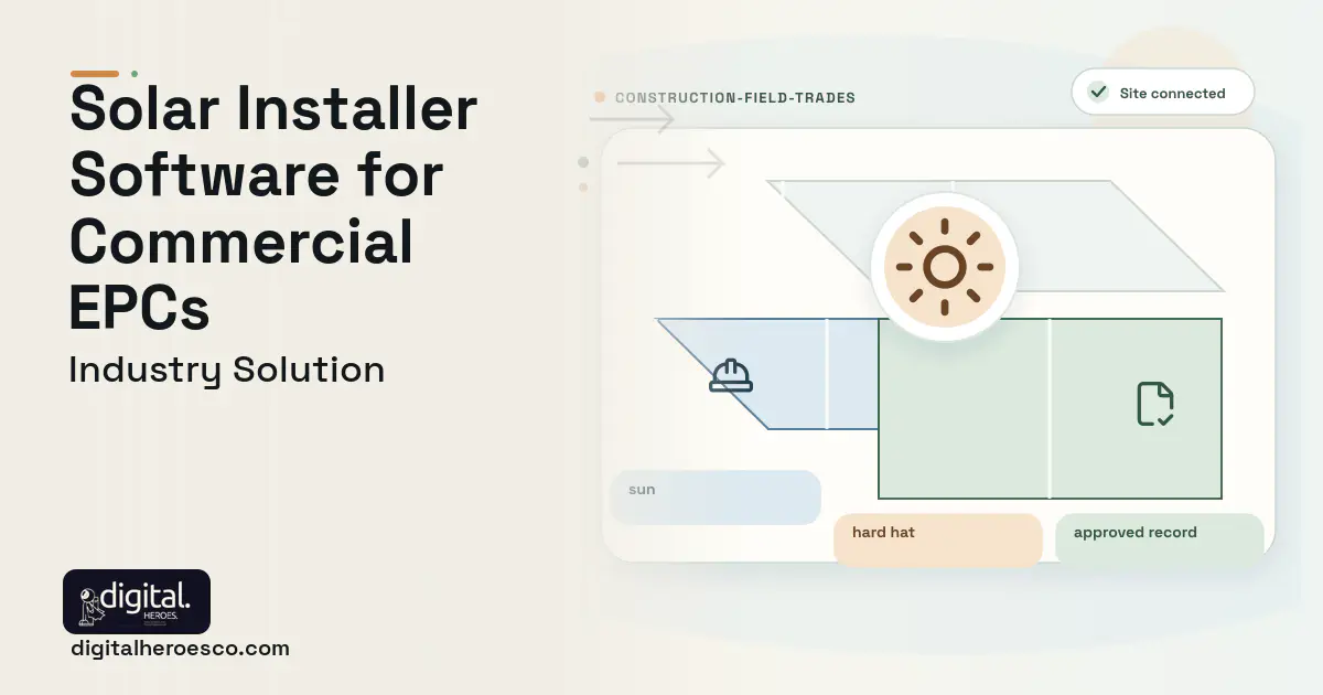 Solar Installer software visual showing sun, hard hat, and approved record.