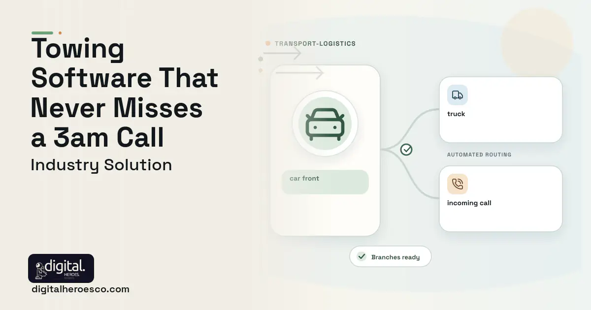 Towing Company software visual showing car front, truck, and incoming call.