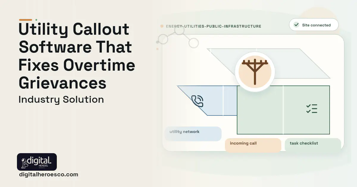 Utility Crew Callout and Dispatch software visual showing utility network, incoming call, and task checklist.
