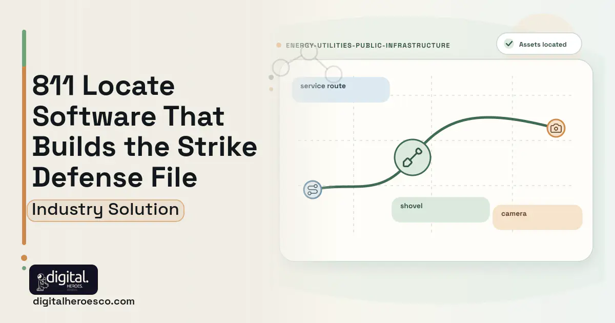 Utility Locate Ticket Management software visual showing shovel, service route, and camera.