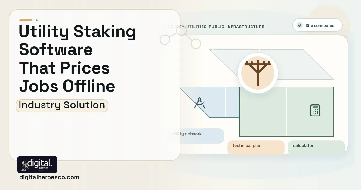 Utility Staking Design software visual showing utility network, technical plan, and calculator.