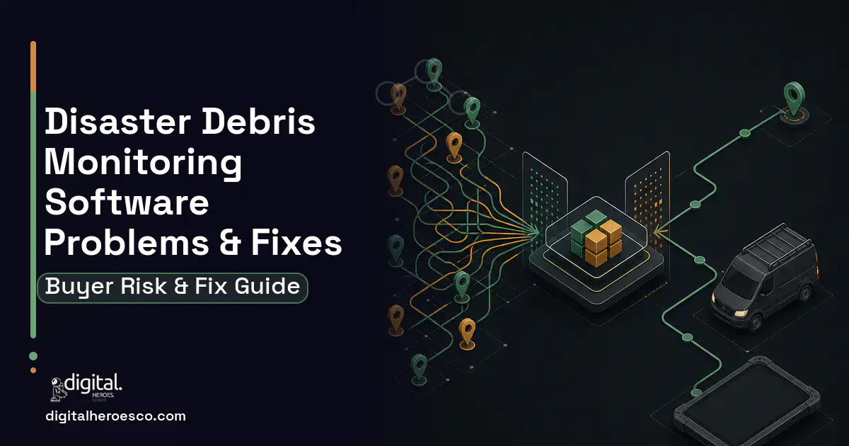 Disaster Debris Monitoring Software workflow illustration showing common problems and fixes.