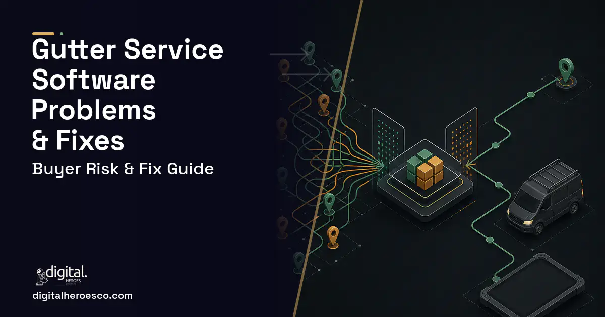 Gutter Service Software workflow illustration showing common problems and fixes.