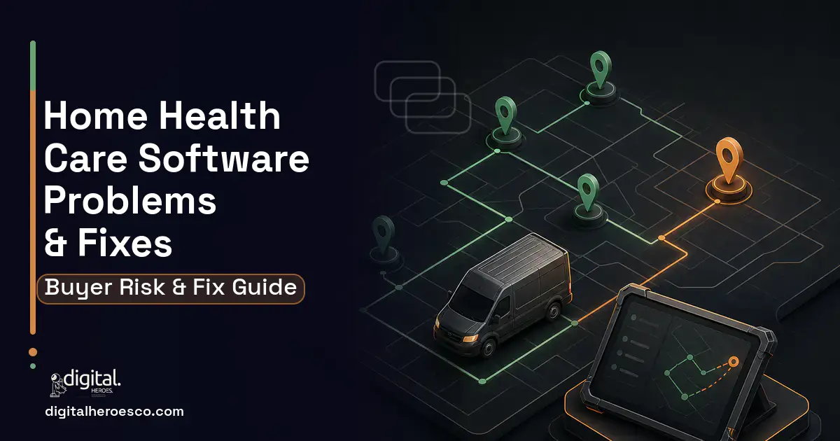 Home Health Care Software software overview illustration showing common problems and fixes.