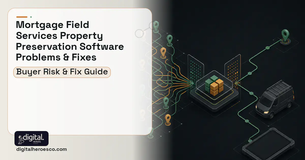 Mortgage Field Services Property Preservation Software workflow illustration showing common problems and fixes.