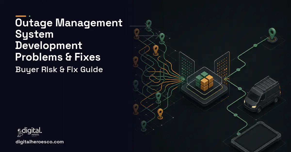 Outage Management System Development workflow illustration showing common problems and fixes.