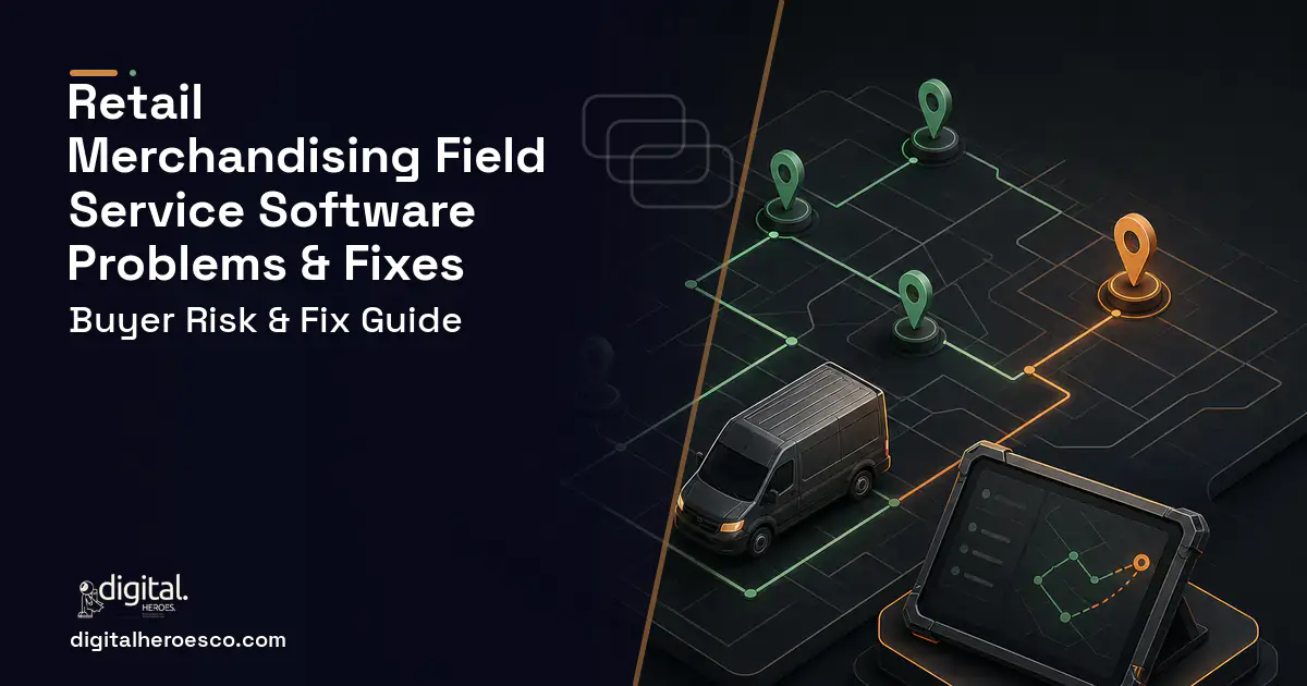 Retail Merchandising Field Service Software software overview illustration showing common problems and fixes.