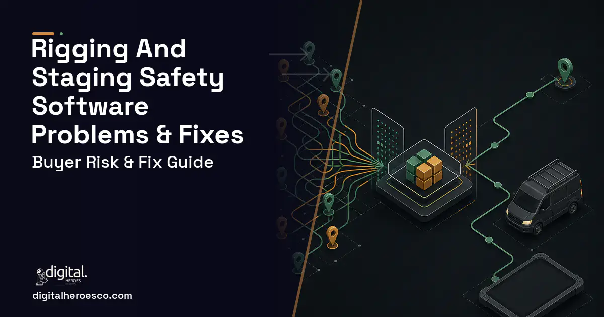 Rigging AND Staging Safety Software workflow illustration showing common problems and fixes.