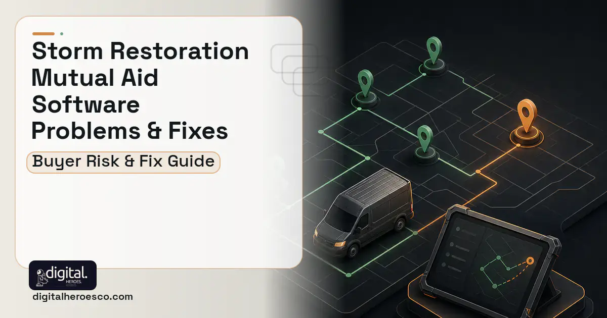 Storm Restoration Mutual AID Software software overview illustration showing common problems and fixes.