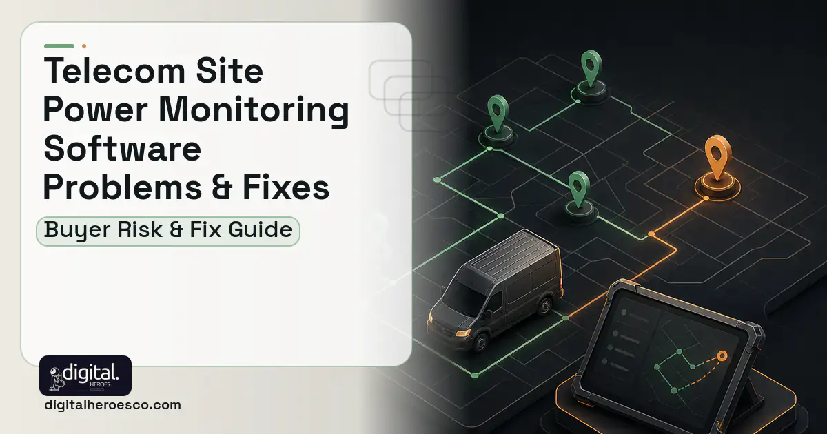 Telecom Site Power Monitoring Software software overview illustration showing common problems and fixes.