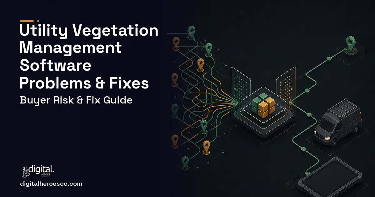 Utility Vegetation Management Software workflow illustration showing common problems and fixes.