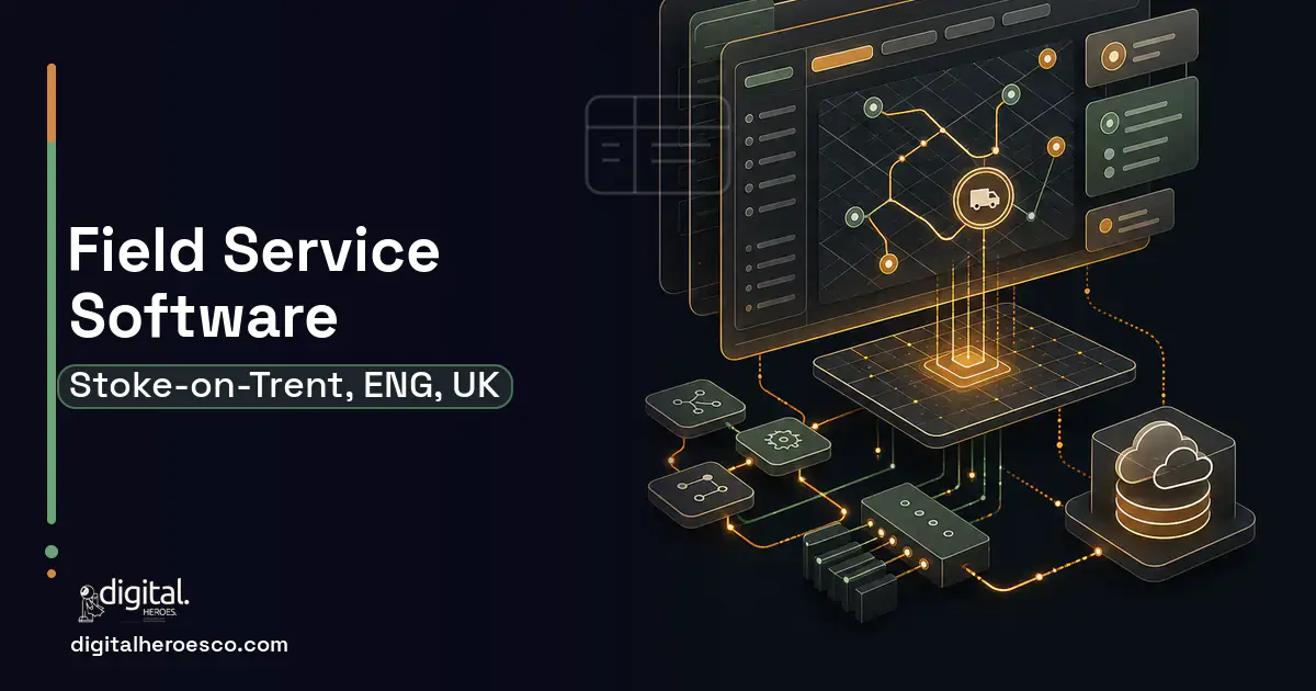 Field Service Software product interface illustration for Stoke-on-Trent, ENG, UK.