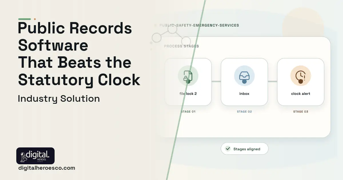 Public Records Request Redaction software visual showing file lock 2, inbox, and clock alert.