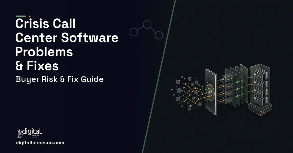 Crisis Call Center Software workflow illustration showing common problems and fixes.