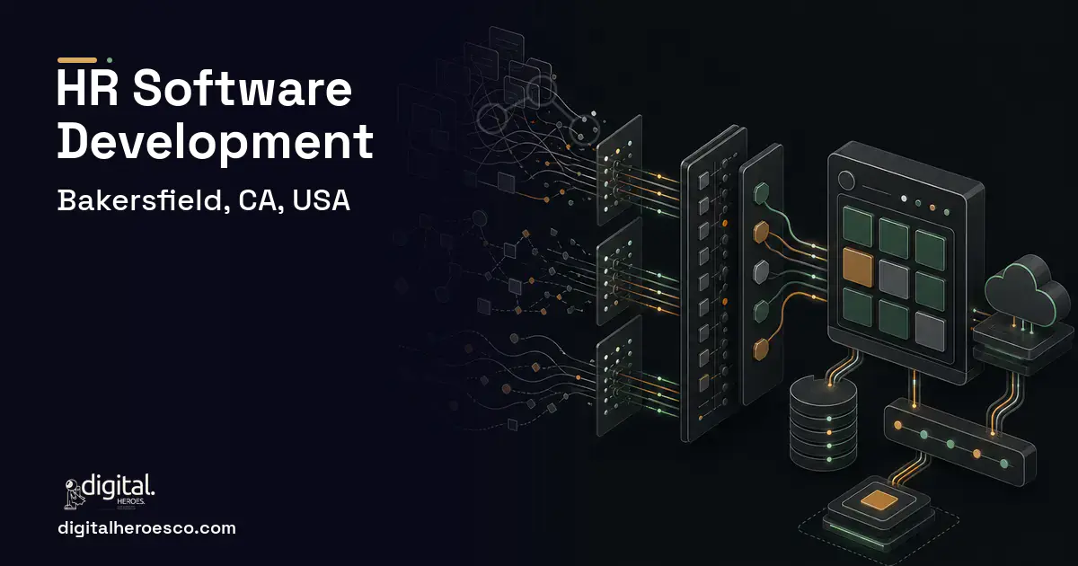 HR Software Development workflow illustration for Bakersfield, CA, USA.
