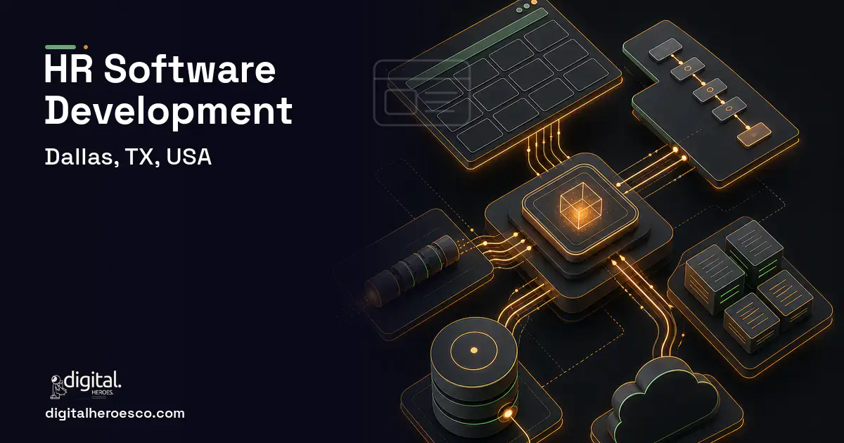 HR Software Development product interface illustration for Dallas, TX, USA.