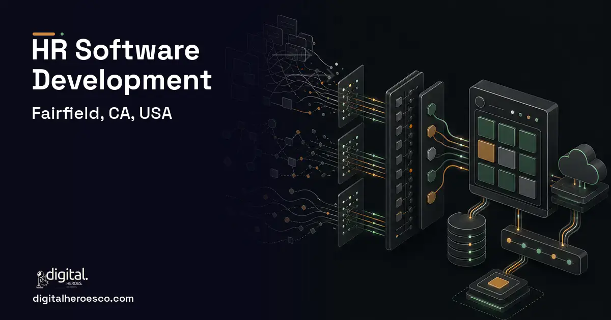 HR Software Development workflow illustration for Fairfield, CA, USA.