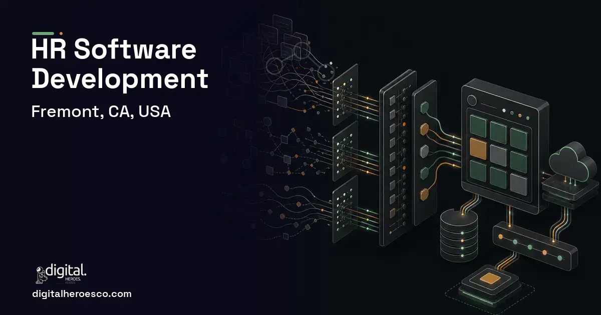 HR Software Development workflow illustration for Fremont, CA, USA.