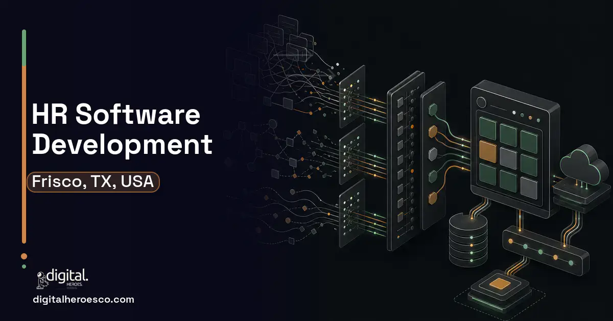 HR Software Development workflow illustration for Frisco, TX, USA.
