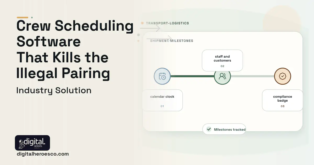 Airline Crew Management software visual showing staff and customers, calendar clock, and compliance badge.