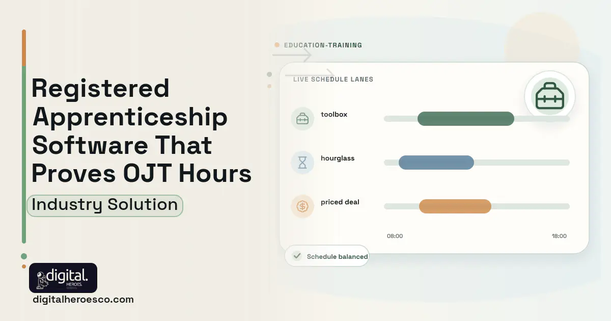 Apprenticeship Management software visual showing toolbox, hourglass, and priced deal.