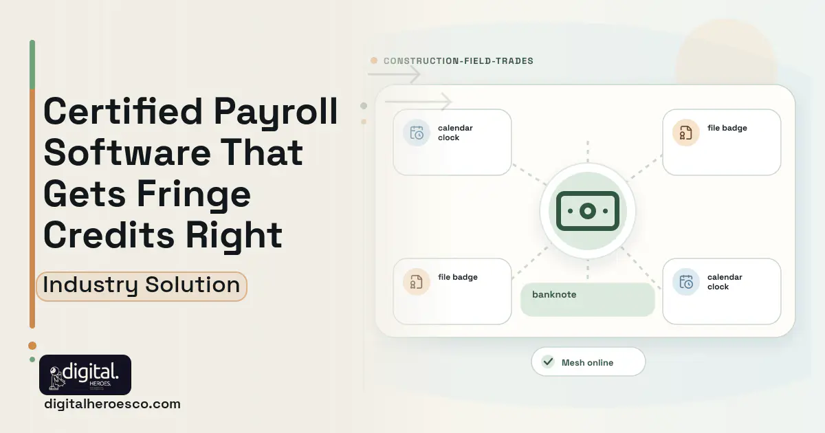 Certified Payroll Prevailing Wage software visual showing banknote, calendar clock, and file badge.